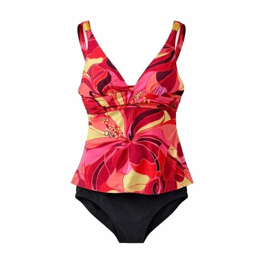 Fanta Sizer Suit Women’s Size 14 Floral Tankini Swimsuit Red Pink Twist Front